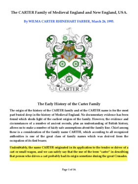 The CARTER Family of Medieval England and New England, USA
